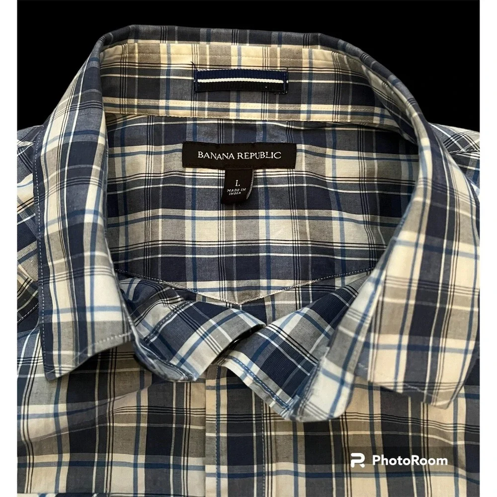 Banana Republic Men Size L Blue Windowpane Cotton Pearl Snap Long Sleeve Shirt